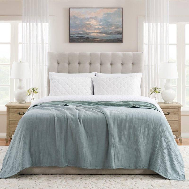 King Green Muslin Flannel Bed Blanket - Reversible Lightweight Throw