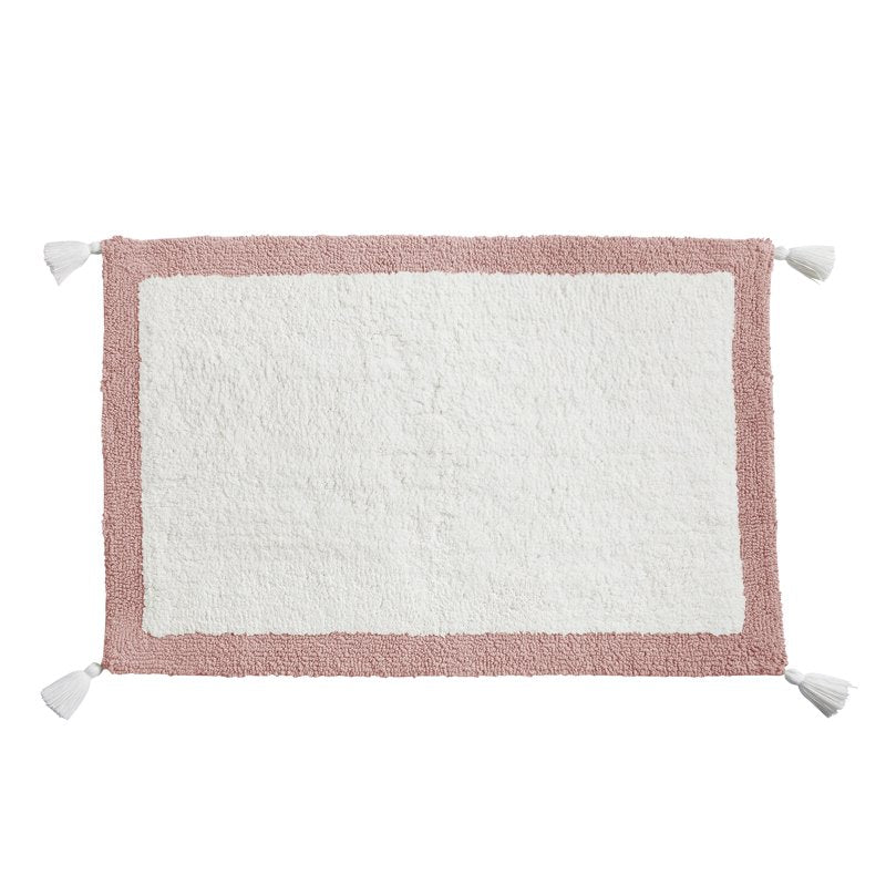 Cotton Bath Rug with Rose Pink Border & Tassels - 20 x 30 Inches