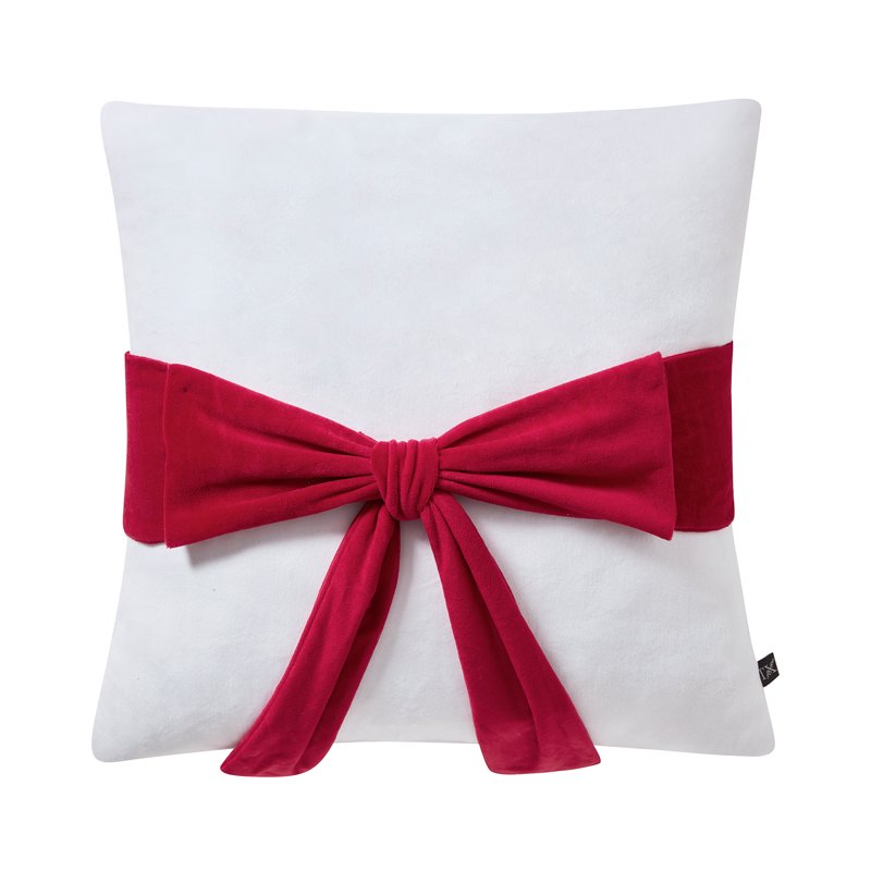White and Red Velvet Bow Decorative Pillow 20x20 Inch Holiday Accent