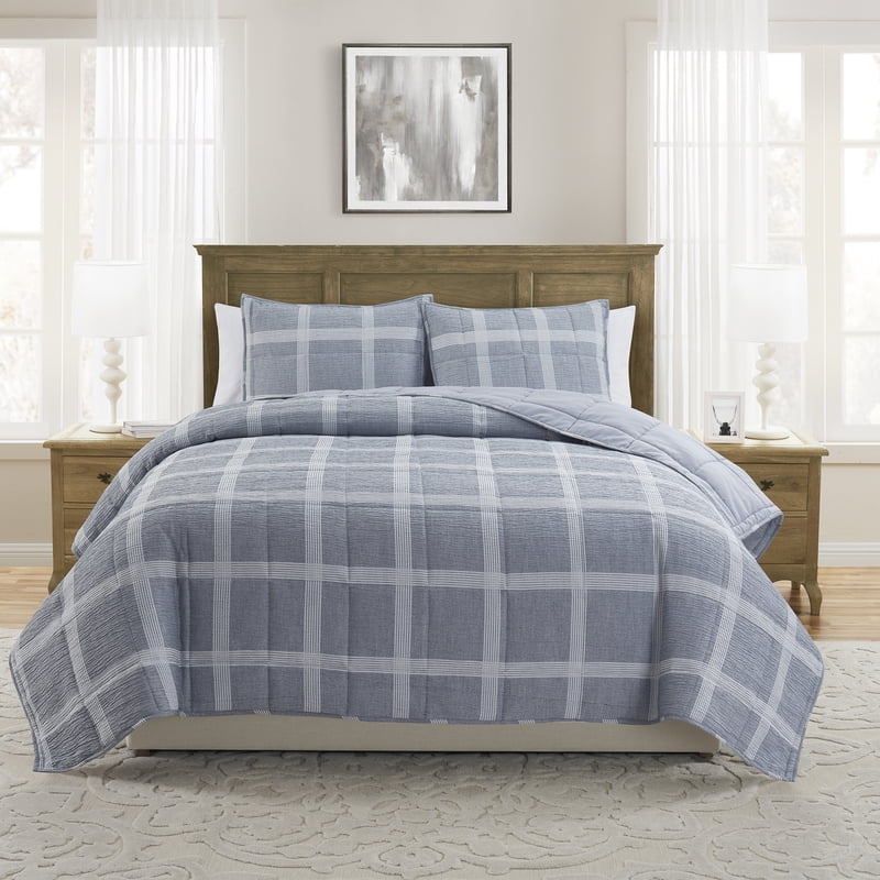 Full/Queen Dark Blue Windowpane Plaid Quilt Set - 3 Piece Bed Cover with Shams