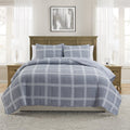 Full/Queen Dark Blue Windowpane Plaid Quilt Set - 3 Piece Bed Cover with Shams