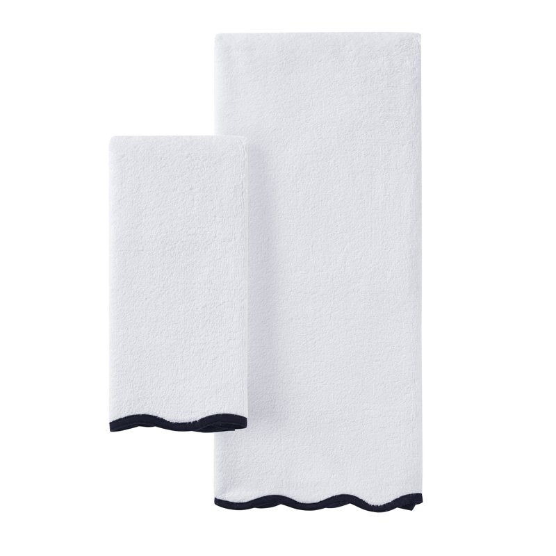 Cotton Hand & Bath Towel Set - White & Black Scallop Border, 2 Piece - Modern Farmhouse Style