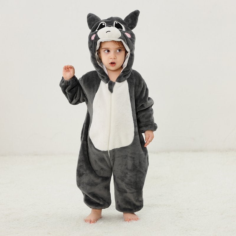 Kids Animal Cosplay Romper Hooded Flannel Jumpsuit for 3-6 Months - Dark Gray