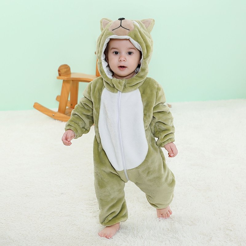 Kids Animal Cosplay Romper - Hooded Flannel Jumpsuit for 12-18 Months - Green D Variation