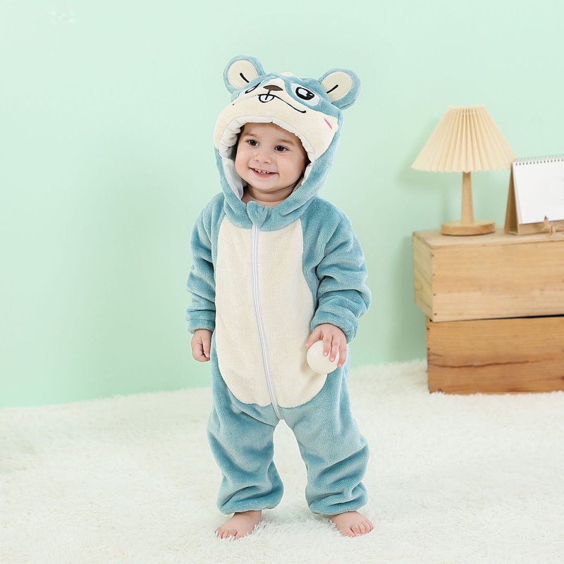 Kids Animal Hooded Flannel Romper - Blue, 18-24 Months