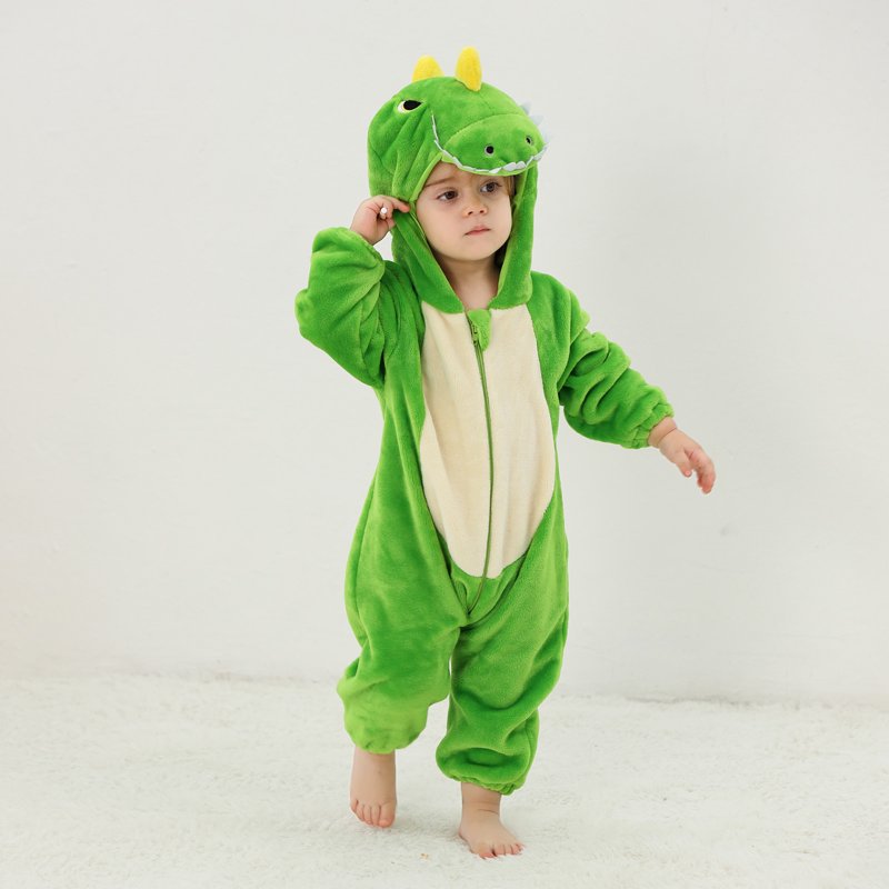 Unisex Animal Cosplay Romper for Kids - Soft Flannel Jumpsuit, 2-3T, Green