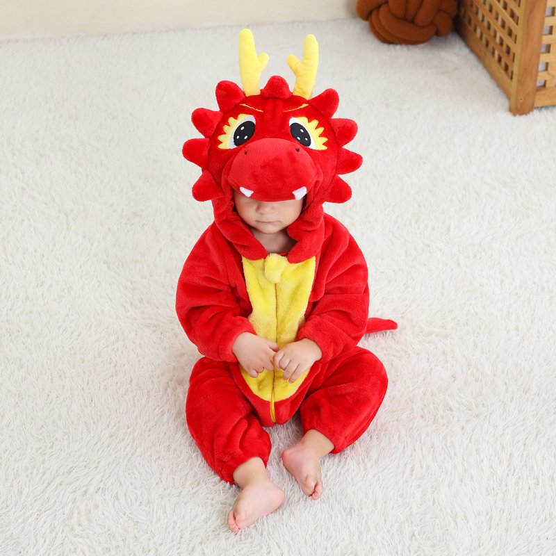 Toddler Animal Cosplay Jumpsuit for Boys Girls - Red, 6-12 Months, Cute Flannel Romper