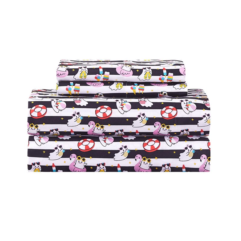 King Summerween Microfiber Sheet Set - Nautical Ghosts Black & White, 4 Piece