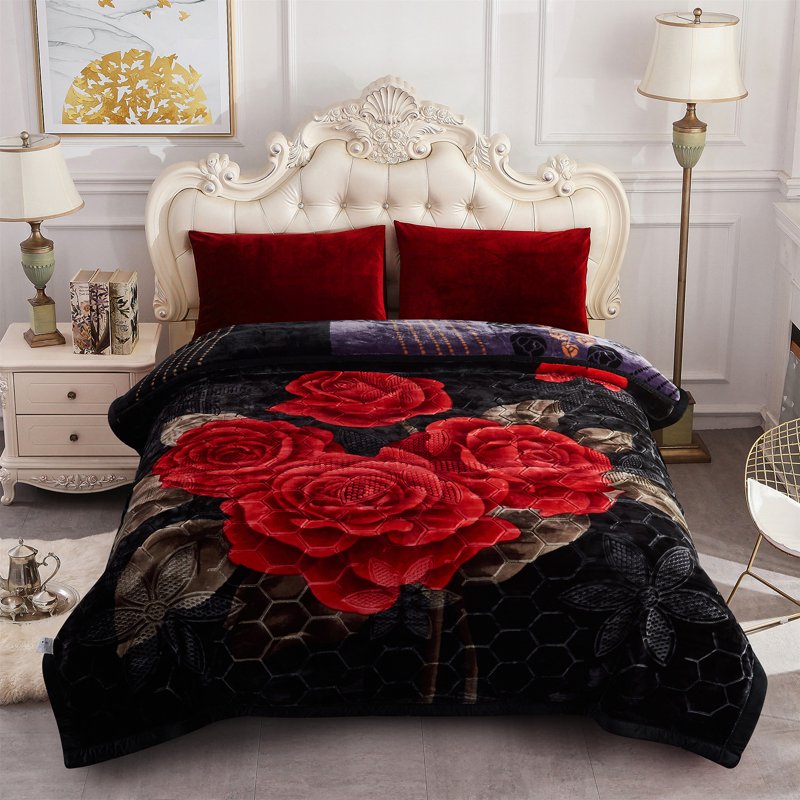 King Size Plush Blanket - Thick 2-Ply Warm Bed Cover with Floral Design - Black Purple-Red, 85x93 inches