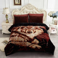 King Size Plush Wool Pattern Blanket - 2 Ply Thick Warm Bed Cover - Black & Brown Wolf Variation