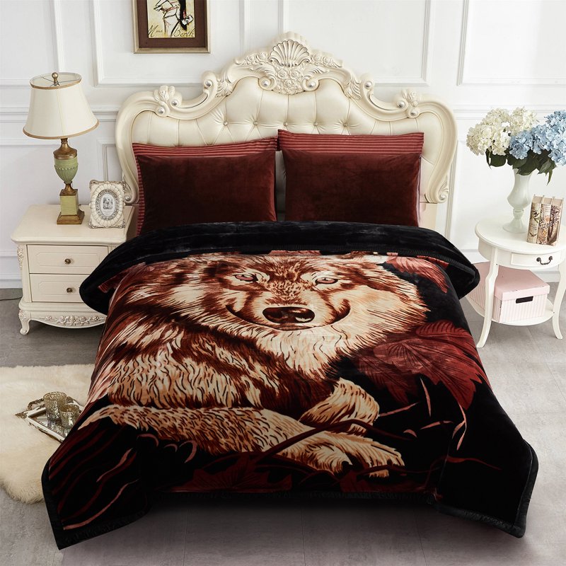 King Size Plush Wool Pattern Blanket - 2 Ply Thick Warm Bed Cover - Black & Brown Wolf Variation