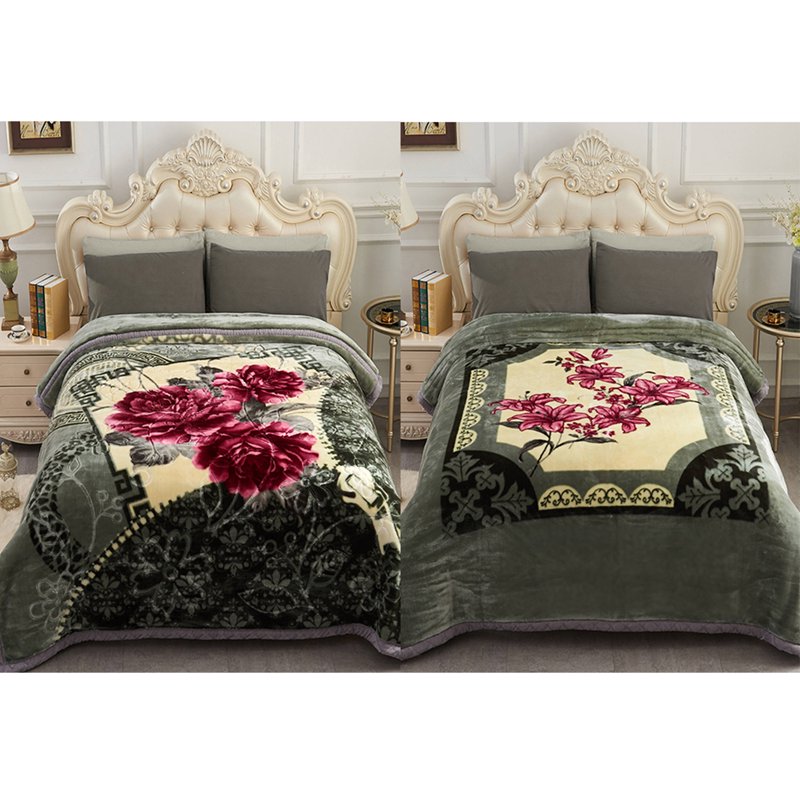 King Size Faux Mink Fleece Blanket - 10Lbs Heavyweight Bed Throw in Green, Grey, Pink, Yellow Floral - 85x93 Inches