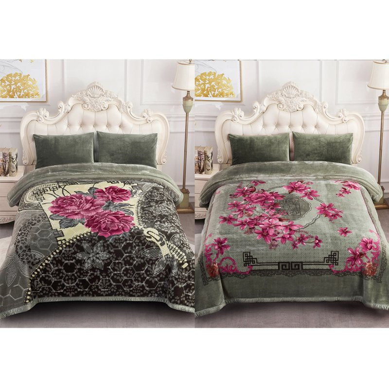 King Size Fleece Blanket 10Lbs Heavy Microfiber Bed Cover - Green & Grey, Floral Variation