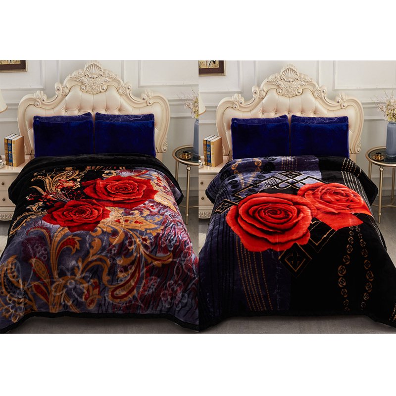 King Size Faux Mink Fleece Blanket - Heavy 10lbs Plush Bed Throw - Purple Black-Red Floral