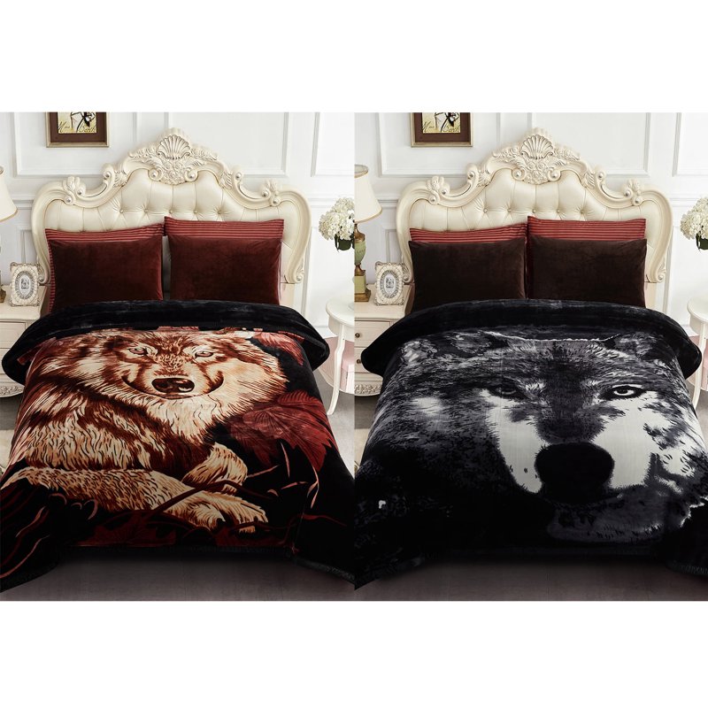 King Size Faux Mink Fleece Blanket 10lbs Heavy Wolf Design – Black & Brown
