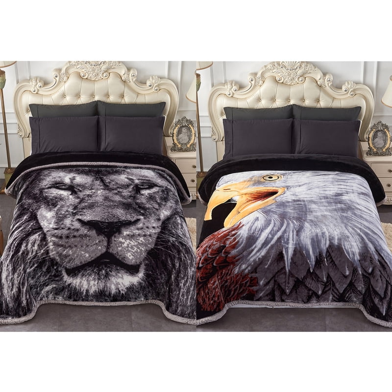 King Size Faux Mink Fleece Blanket with Lion Eagle Variation, 85x93 Inches, 10lbs