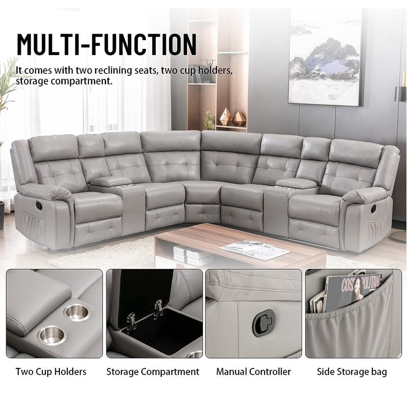 PU Leather Reclining Sectional Sofa Set with 2 Consoles & Storage