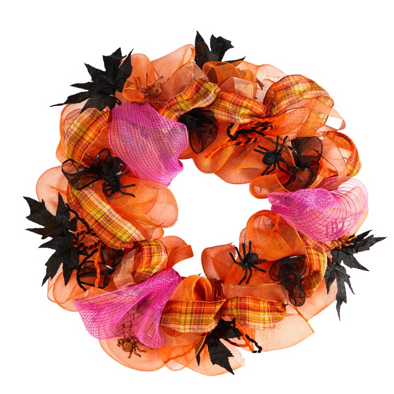 Halloween Spider Mesh Wreath - 26 Inch Orange Decor for Door or Wall
