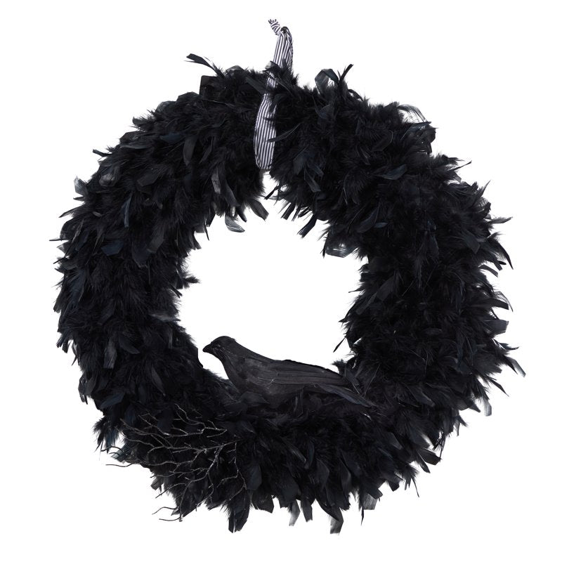 Halloween Raven Feather Wreath - 30 Inch Artificial Fall Decor
