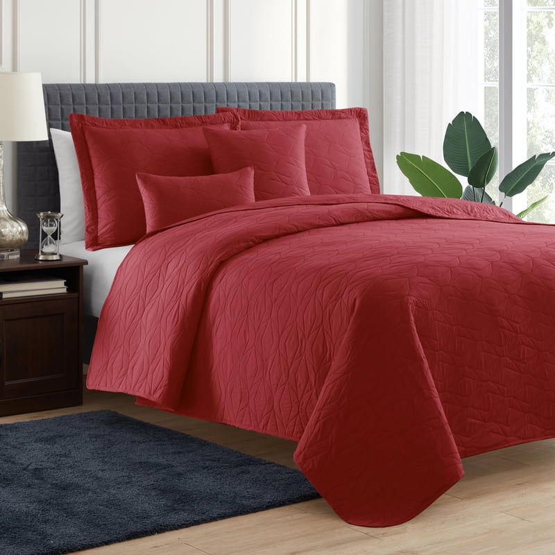 Queen Burgundy Red Quilt Set with Pillow Shams & Euro Shams - Ellipse Weave Microfiber