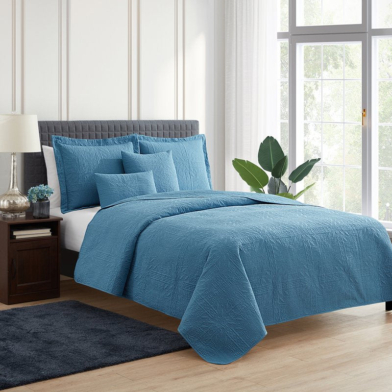 Nestl King Quilt Set - Blue Heaven Grid Weave Microfiber Bedspread Coverlet
