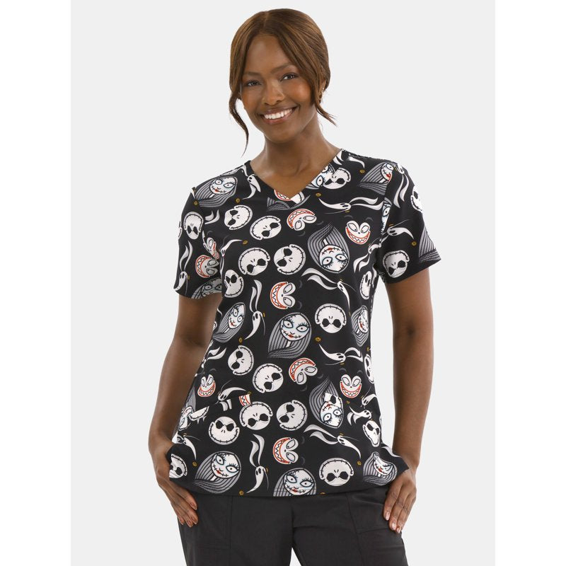 Nightmare Before Christmas Women's Graphic Scrub Top Black NBC M - Jack Sally Zero