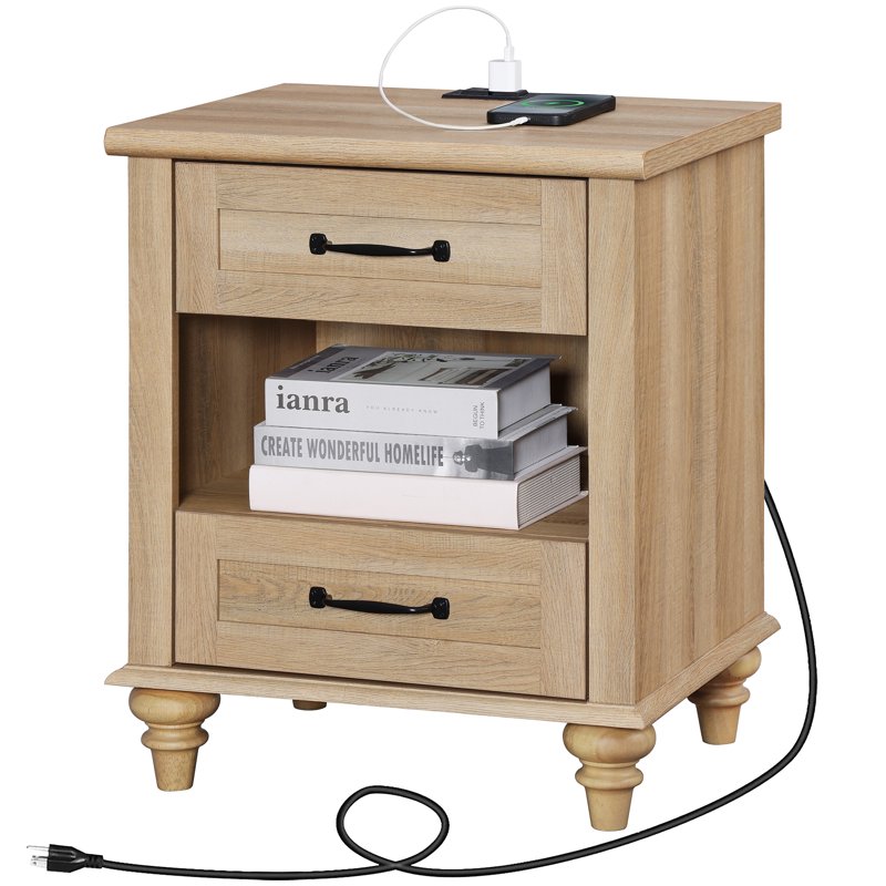 Rustic Oak Nightstand with Charging Station & 2 Drawers