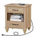 Rustic Oak Nightstand with Charging Station & 2 Drawers