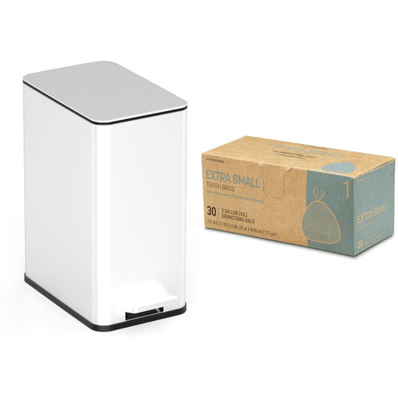 2.6 Gallon Stainless Steel Bathroom Step Trash Can with Bag - White