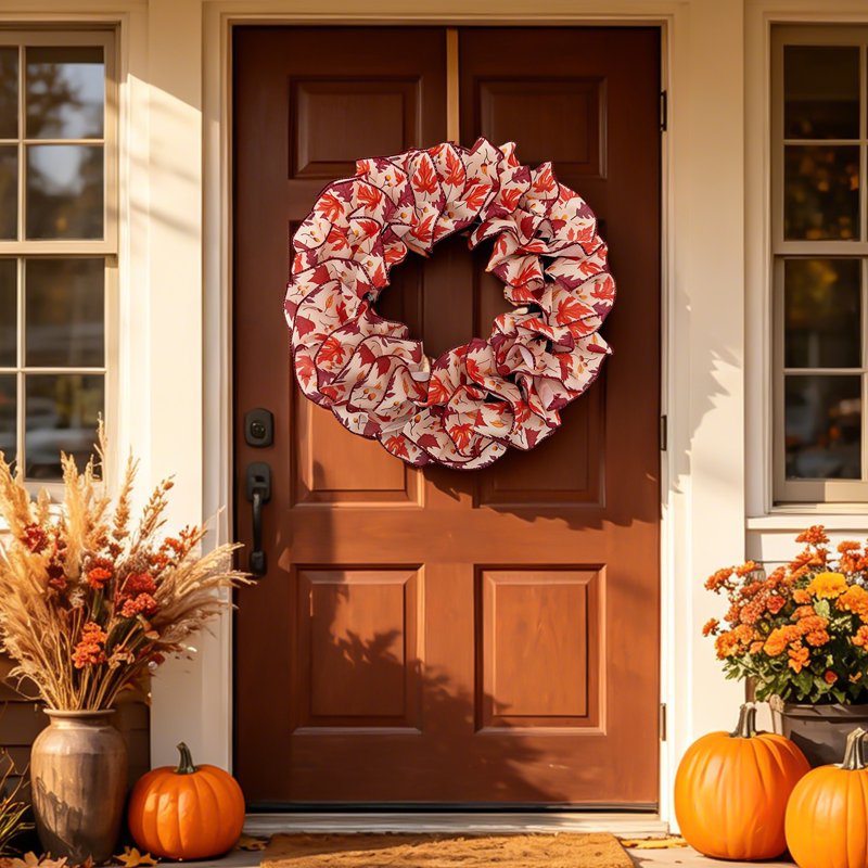 Nkmbld Fall Wreath for Front Door D-9 Large Halloween Thanksgiving Decor with Orange Maple Leaves