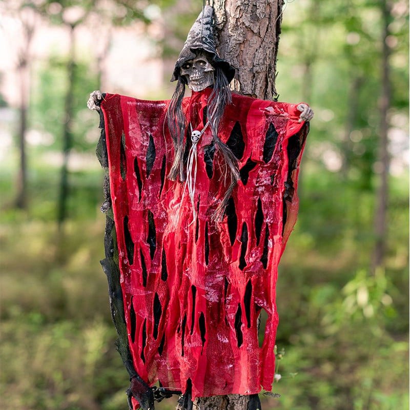 Halloween Animated Hanging Witch Decor - Red, Sound Activated Ghost Prop