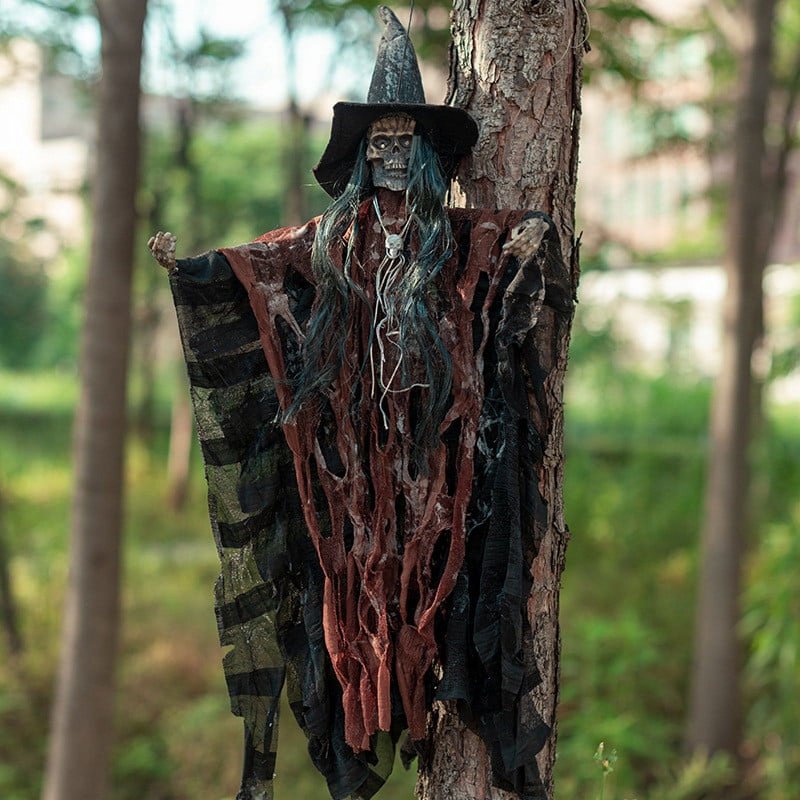 Halloween Animated Hanging Witch Decor - Sound Activated Ghost Prop with Variation Coffee