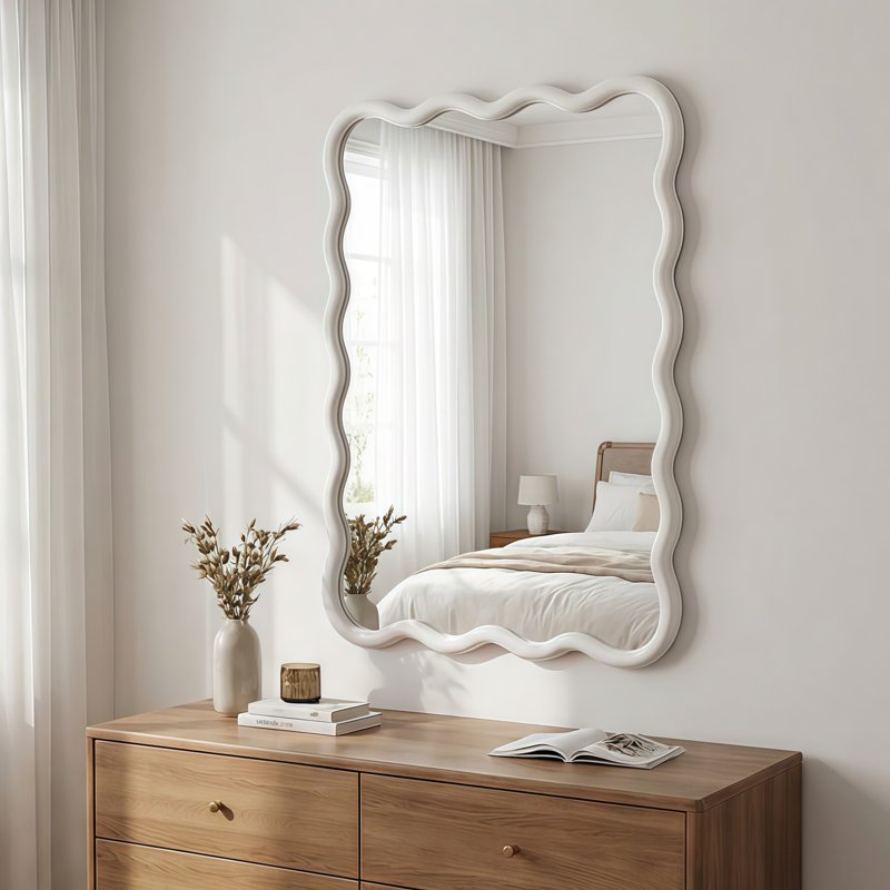 Wall Mirror 20x30 Wavy Rectangle Solid Wood Frame - White - Decorative Vanity Mirror