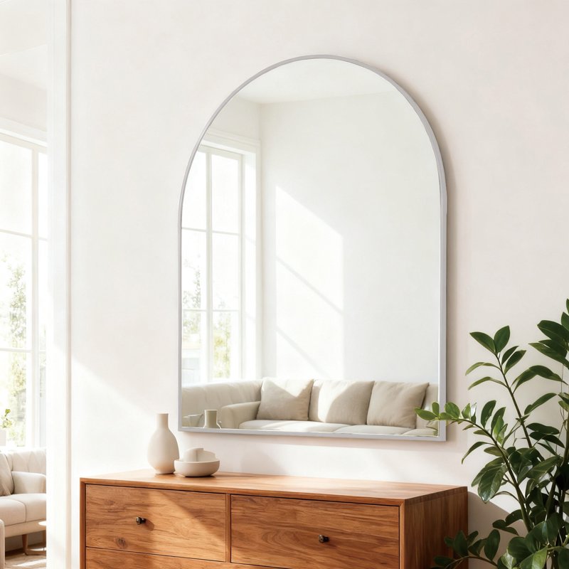 Arched Metal Wall Mirror - Silver, 30x36 inches, Modern Bathroom & Bedroom Decor with Safety Features