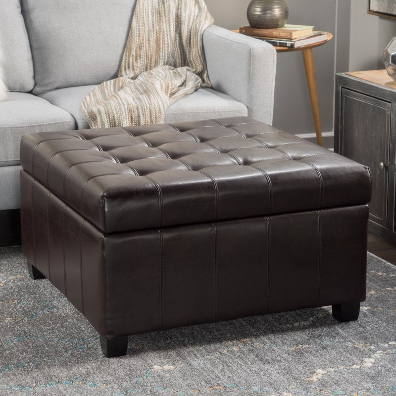 Contemporary Tufted Leather Storage Ottoman - Brown