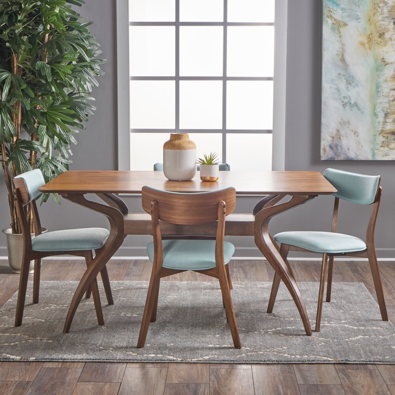 Mid Century 5 Piece Dining Set - Natural Walnut Wood Mint