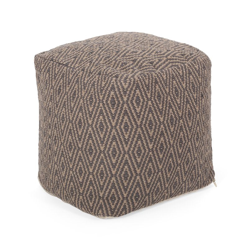 Cotton Cube Pouf - Handcrafted Boho Style with Diamond Pattern, Brown & Dark Grey
