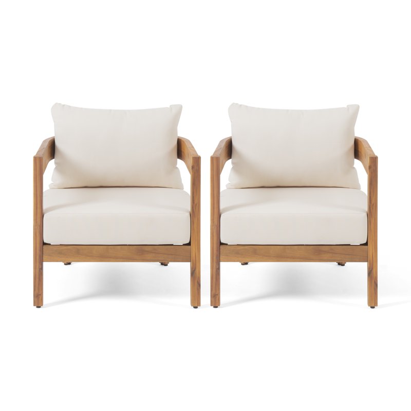 Acacia Wood Outdoor Club Chair Set with Cushions - 2 Pieces, Beige