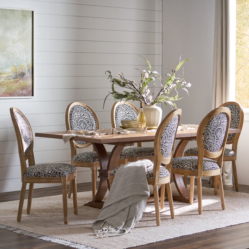 7 Piece Dining Set - Black and White Print Fabric & Wood