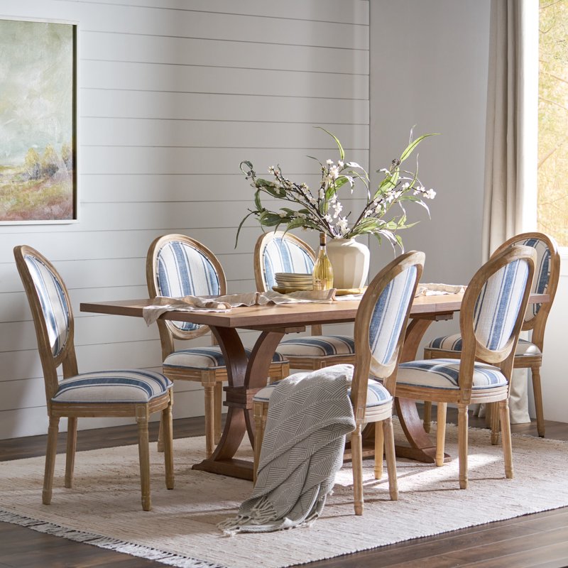 7 Piece Dining Set with Upholstered Chairs - Dark Blue Stripe/Natural