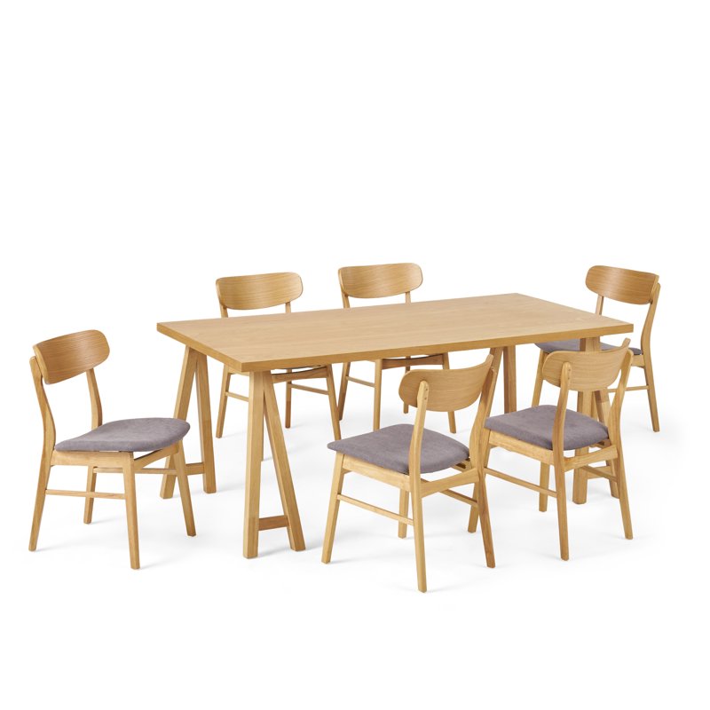 Mid-Century Modern 7 Piece Dining Set - Dark Gray & Natural Oak