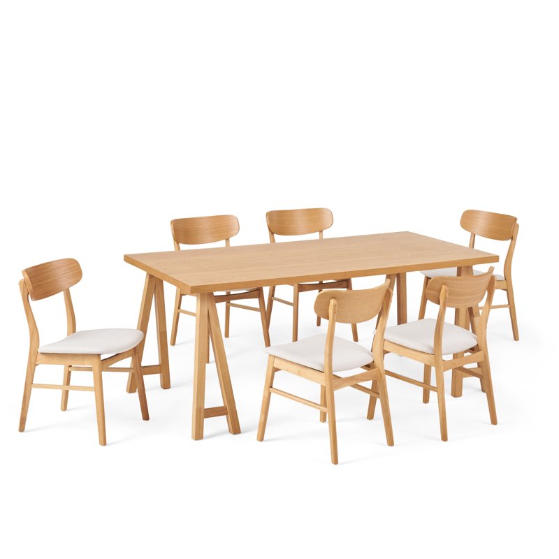 Mid-Century Modern 7 Piece Dining Set - Light Beige/Natural Oak