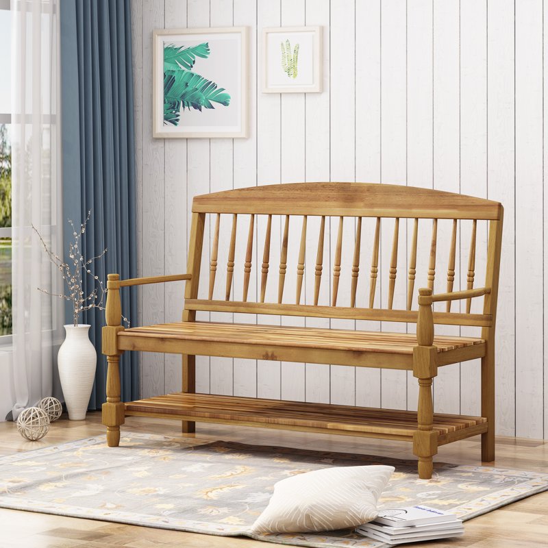 Rustic Acacia Wood Bench with Shelf - Multiple Finishes