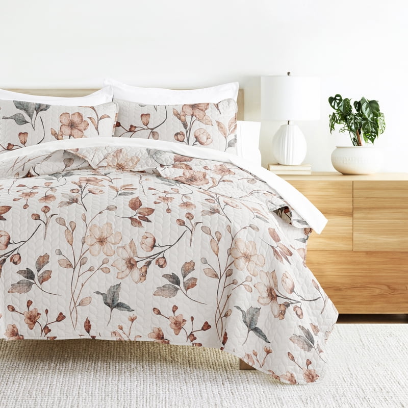 Queen Natural Russet Floral Quilt Set - Soft Microfiber, Hypoallergenic
