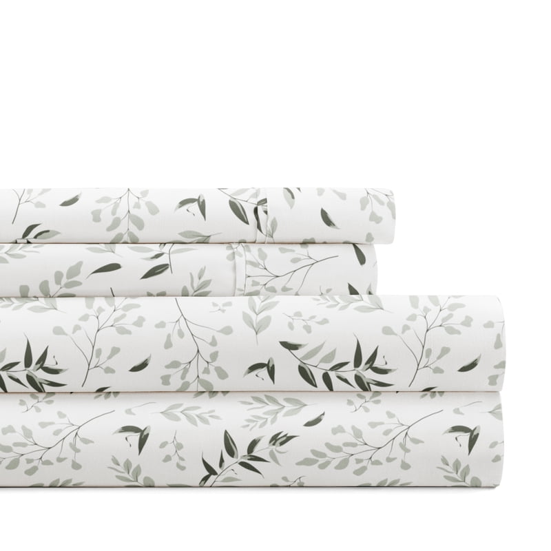 California King Microfiber Bed Sheets Set - Tossed Foliage Pattern, 4 Piece