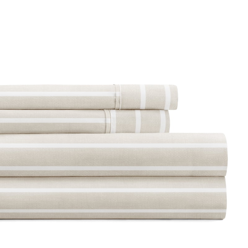 Twin Microfiber Bed Sheet Set with Distressed Awning Stripe Pattern - Natural