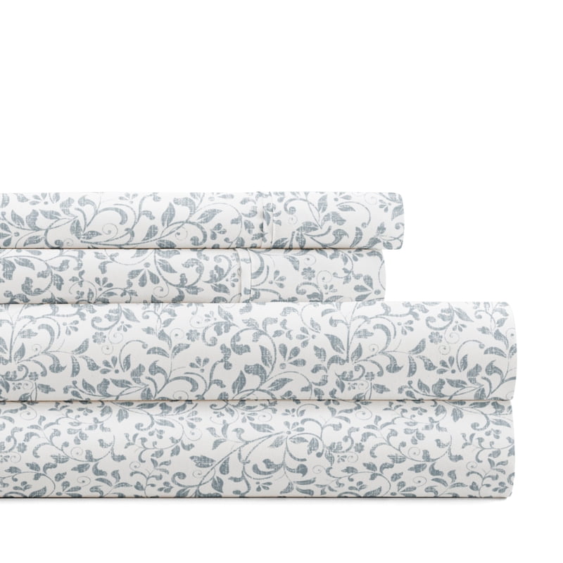 King Coastal Pattern Bed Sheets Set - Distressed Vine Blue, 4 Piece