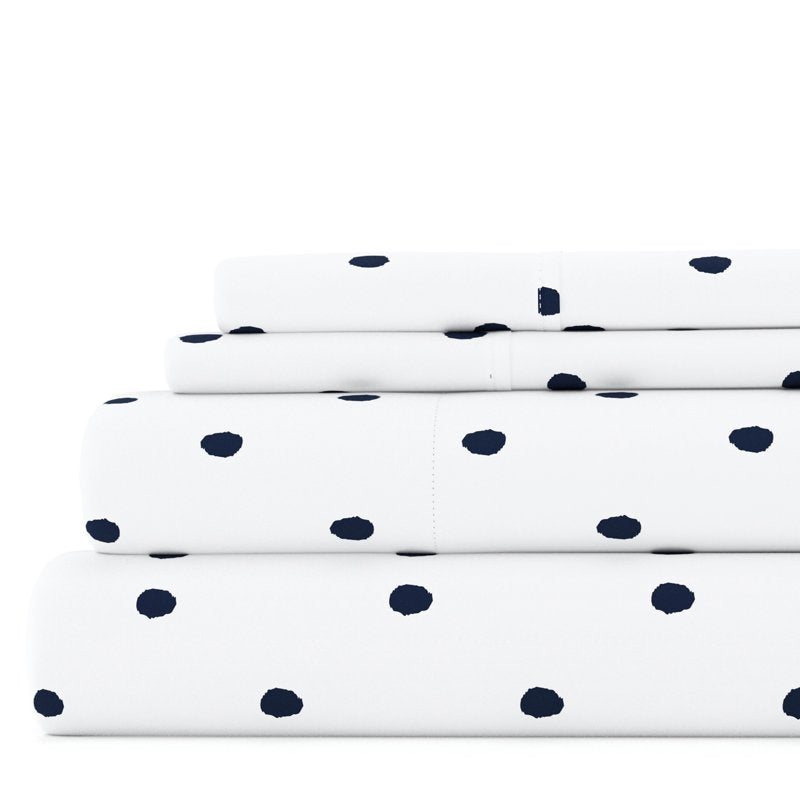 Full Navy Dot Microfiber Bed Sheets Set - 4 Piece Pattern Bedding