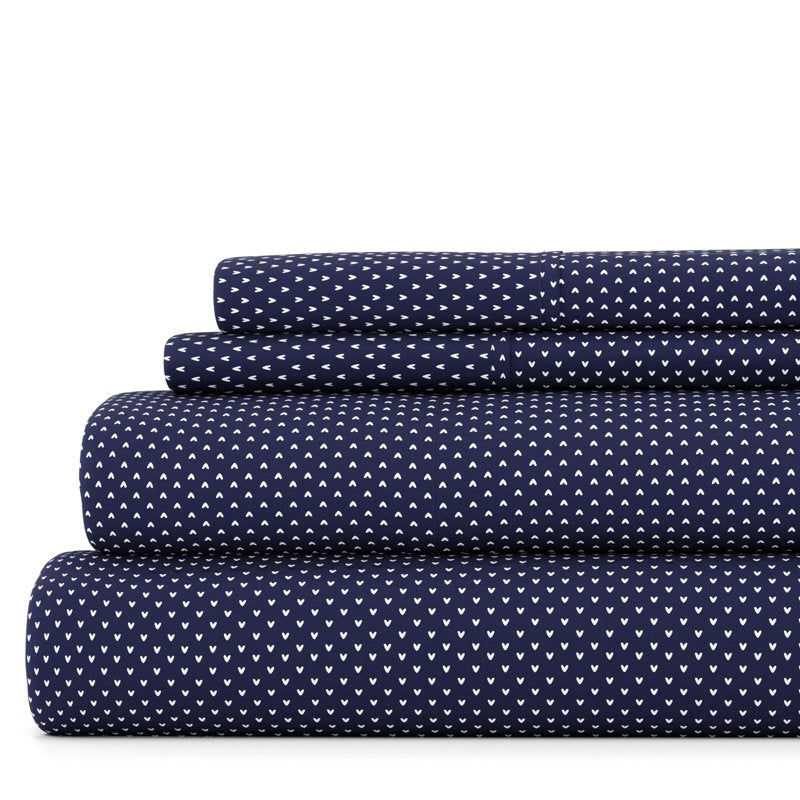Queen Microfiber Bed Sheets Set with Pattern, Navy Heart - 4 Piece