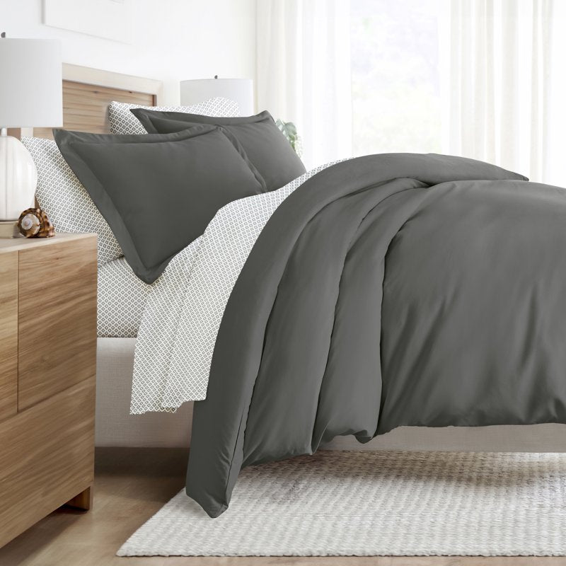 King Solid Duvet Cover Set in Gray with Comforter & Microfiber Sheets